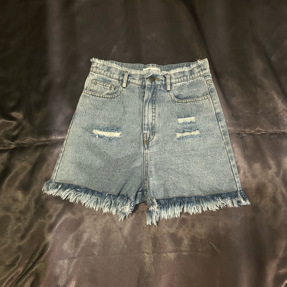 MACARON Blue Frayed Jean Shorts